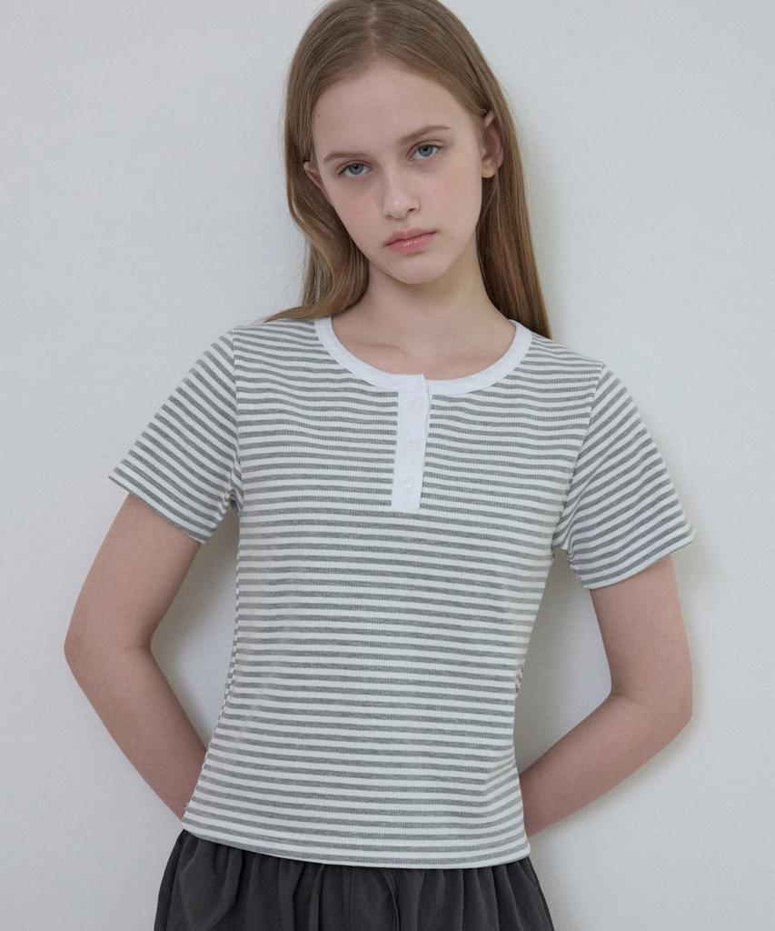 Wednesday Oasis For Woman Loewe Henley Neck Striped T-Shirt_Gray(W25-Tp24)