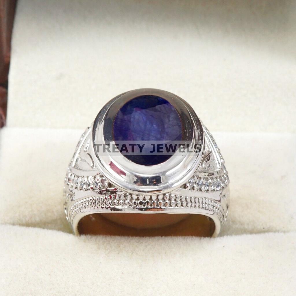 Erkekler İçin 925 Ayar Gümüş Yüzük Üzerinde Mavi Safir Oval Kesim Değerli Taş #B614 JL375686507949