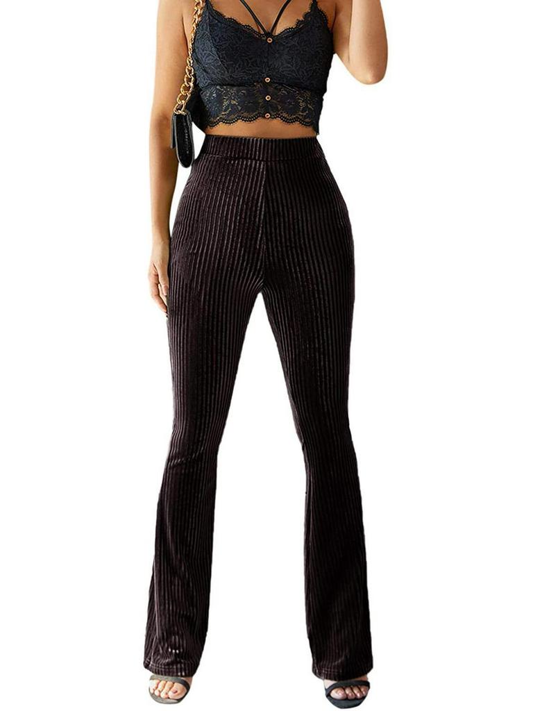 Women's Fashion Sexy High Waist Gold Velvet Ribbed Flared Pants