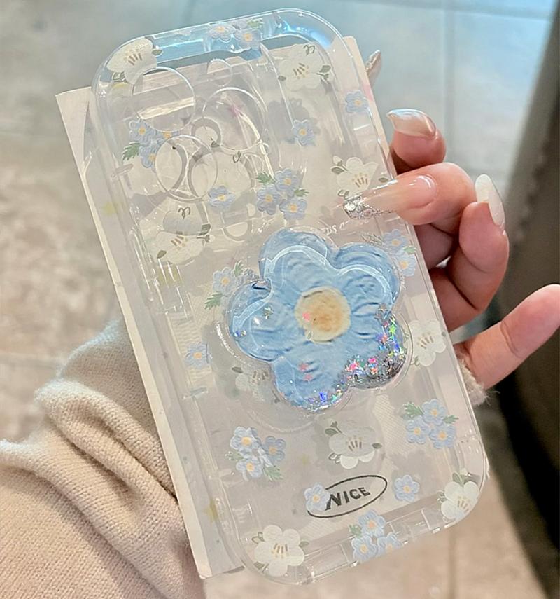 Cute Quicksand Flower Holder Phone Case For iPhone 16 15 14 13 12 11 Pro Max Plus Stand Floral Clear Soft Shockproof Cover