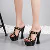 Damenschuhe, Sandalen, lässig, Nieten, einfarbig, dicker Absatz, Sandalen, sexy Nachtclub, 1106-Serie, 14 cm Absatz, 4 cm Plattform, LFD