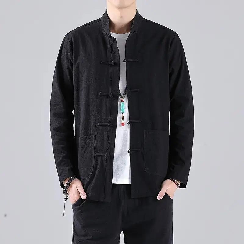 Men Linen Kungfu Cheongsam Top Hanfu Tang Suit Chinese Shirt Style Jacket Collar Traditional Chinese Clothing for Men