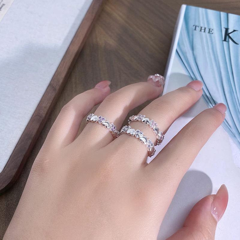 Nischendesign Farbiger Zirkon Liebe Gebürsteter Offener Ring Klein Frisch Hochwertig Zeigefingerring Leichter Luxusring Damen