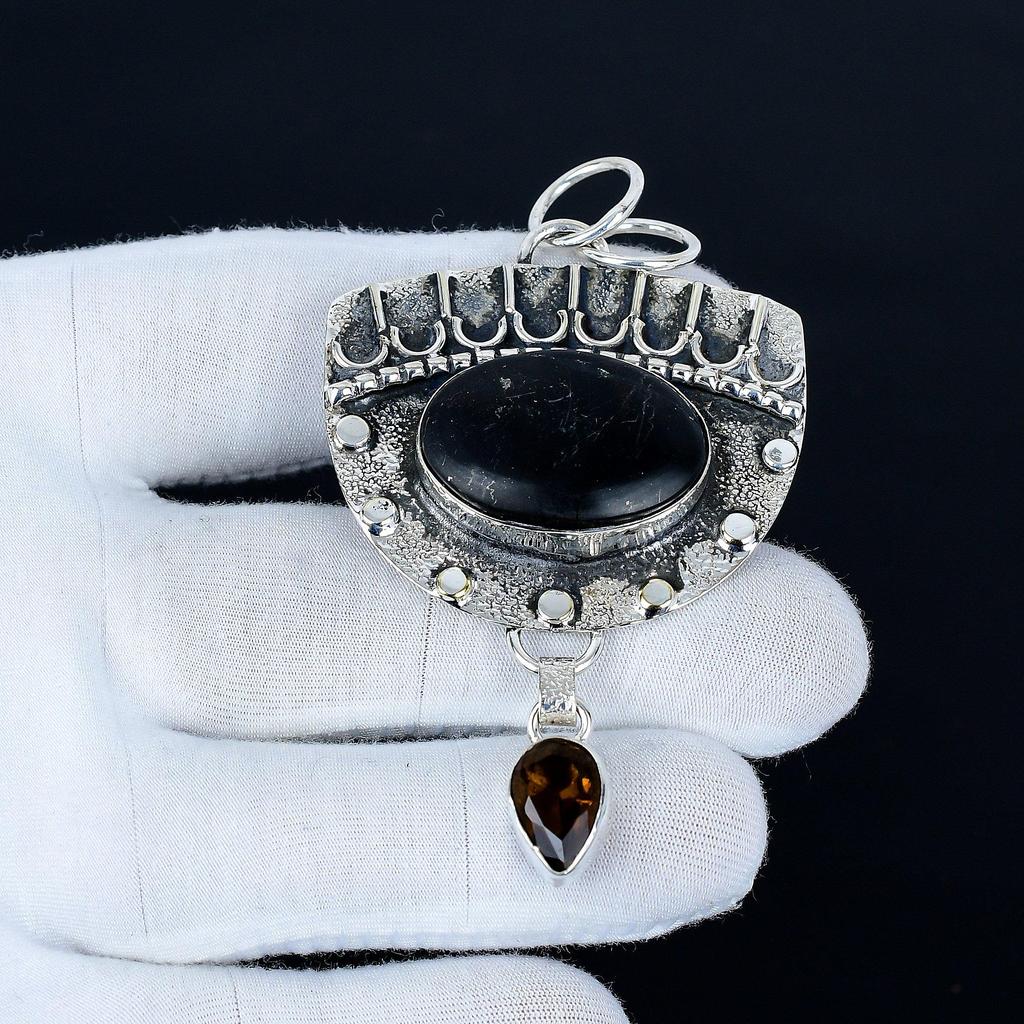 Black Obsidian Pendant, 925 Sterling Silver Handmade Jewelry, Smoky Topaz Silver Pendant, Party Wear Jewelry For Women's, Pendant Wadding Gift