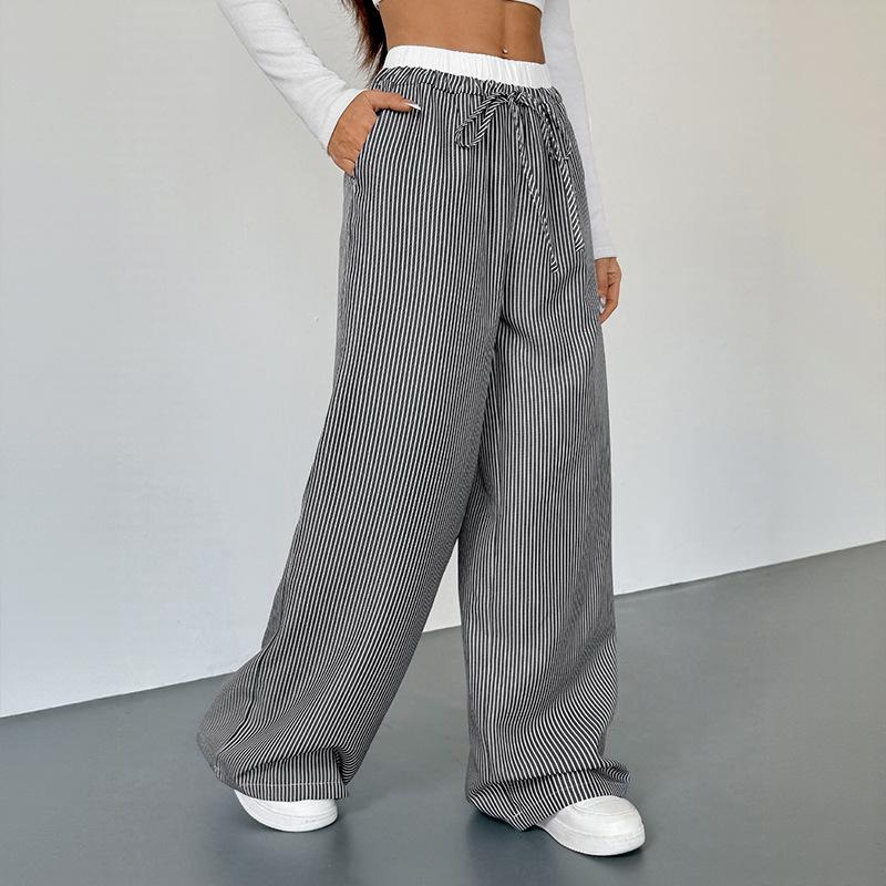 

Autumn s New Color-blocking Striped Casual Trousers, Versatile Straight-leg Pants for Women S чорний