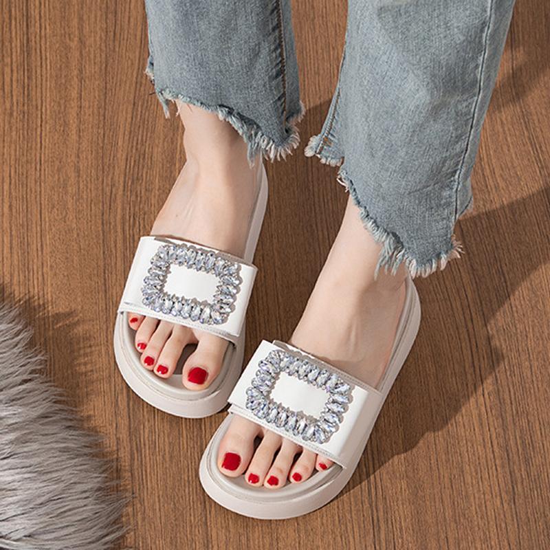 

Fashion Brand Rhinestone Buckle Slippers Woman Muffins Platform Babouche Ladies Shoes Summer Antiskid Slides 5CM High Heel Sandals Femme 33 белый
