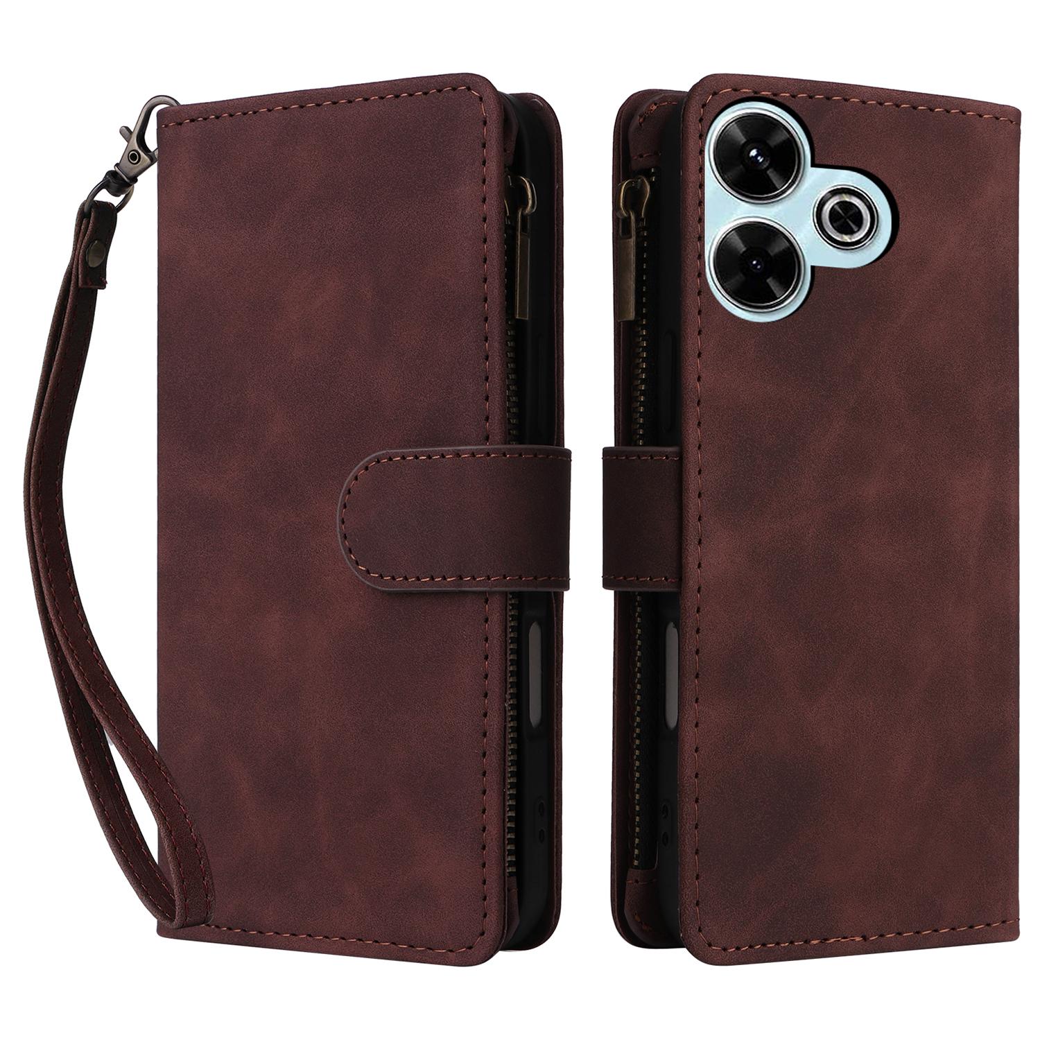 

For Xiaomi Redmi 13 4G/5G Case Zipper Wallet Multiple Card Slots Leather Phone Cover Coffee