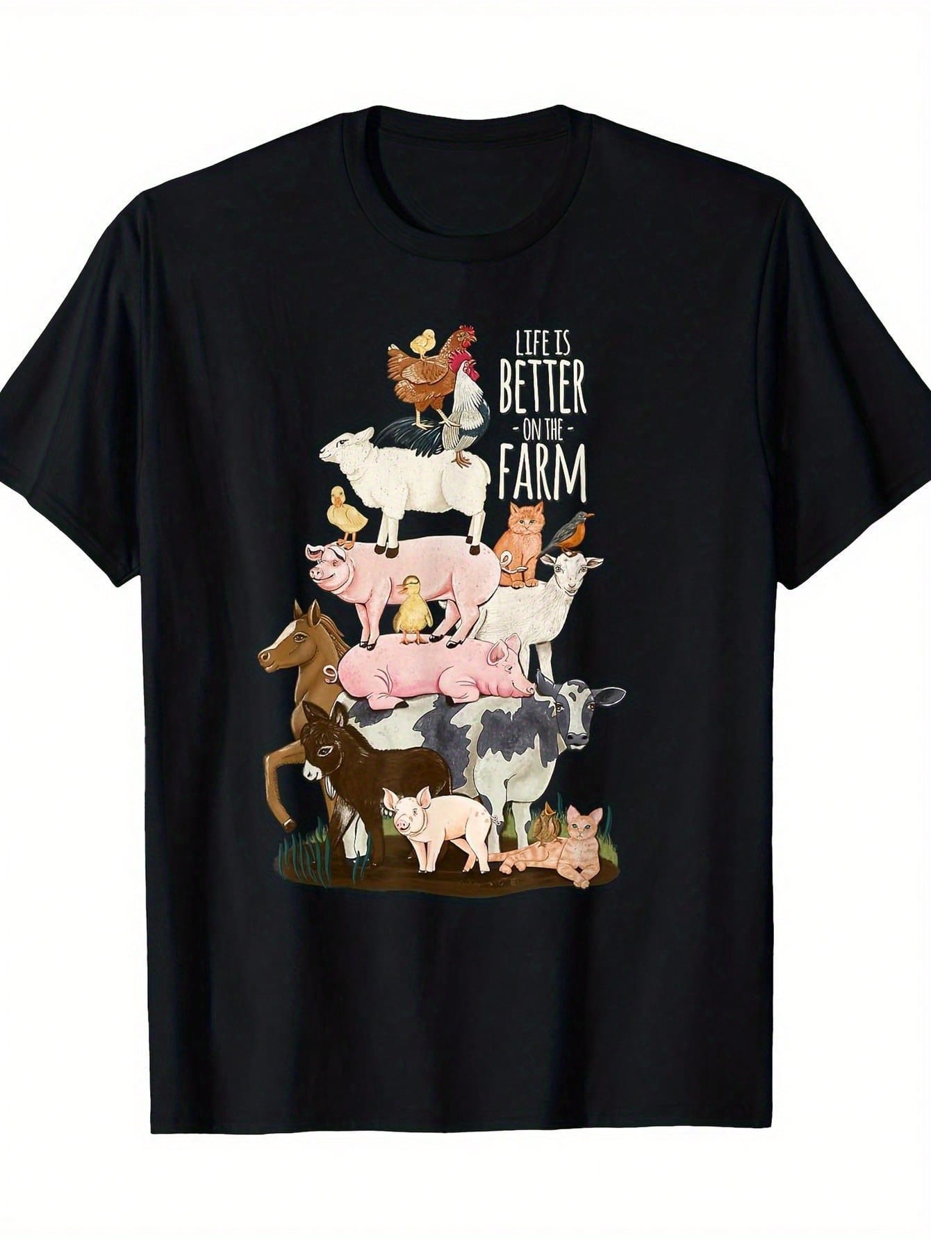 unisex S Funny Farm Animal T-Shirt - Soft Breathable Cotton Retro Farm Life Tee With Cows, Chickens, Pigs & Sheep Print - Black Shirt With White Text S разноцветный