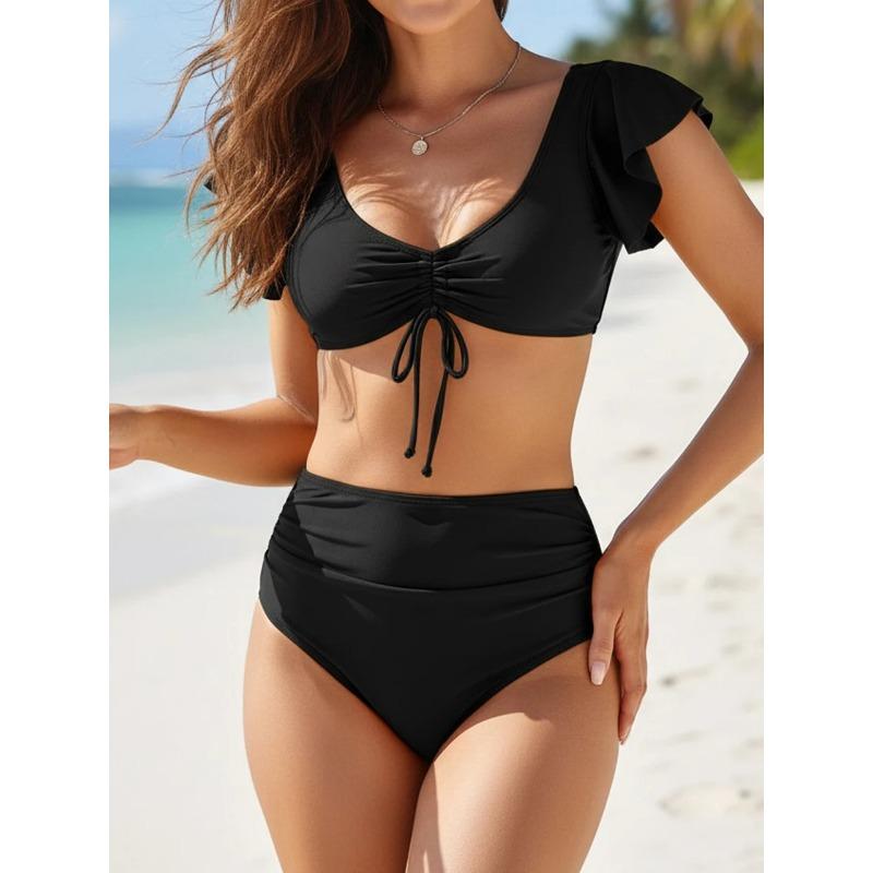 Color Patchwork Bikini Set Ruffle Trim Swimsuit Women New Fashion Swimwear Female Bathers Bathing Swimming Suit Beach 2 Pec