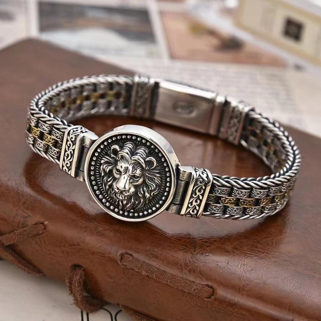 S925 Sterlingsilber Retro Herren Handgewebtes Rattan und Gras Muster Kreisförmiges Farbblock-Trendiges Armband Schmuck Geschenk