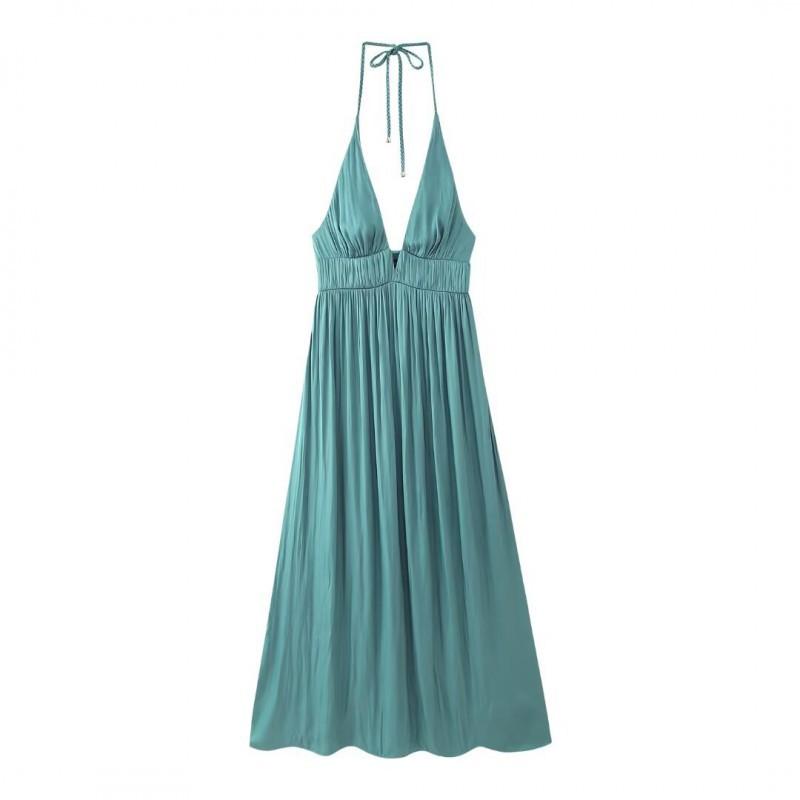 

European American Women s Clothing Summer Sexy Backless Silk Satin Hanging Collar Dress M