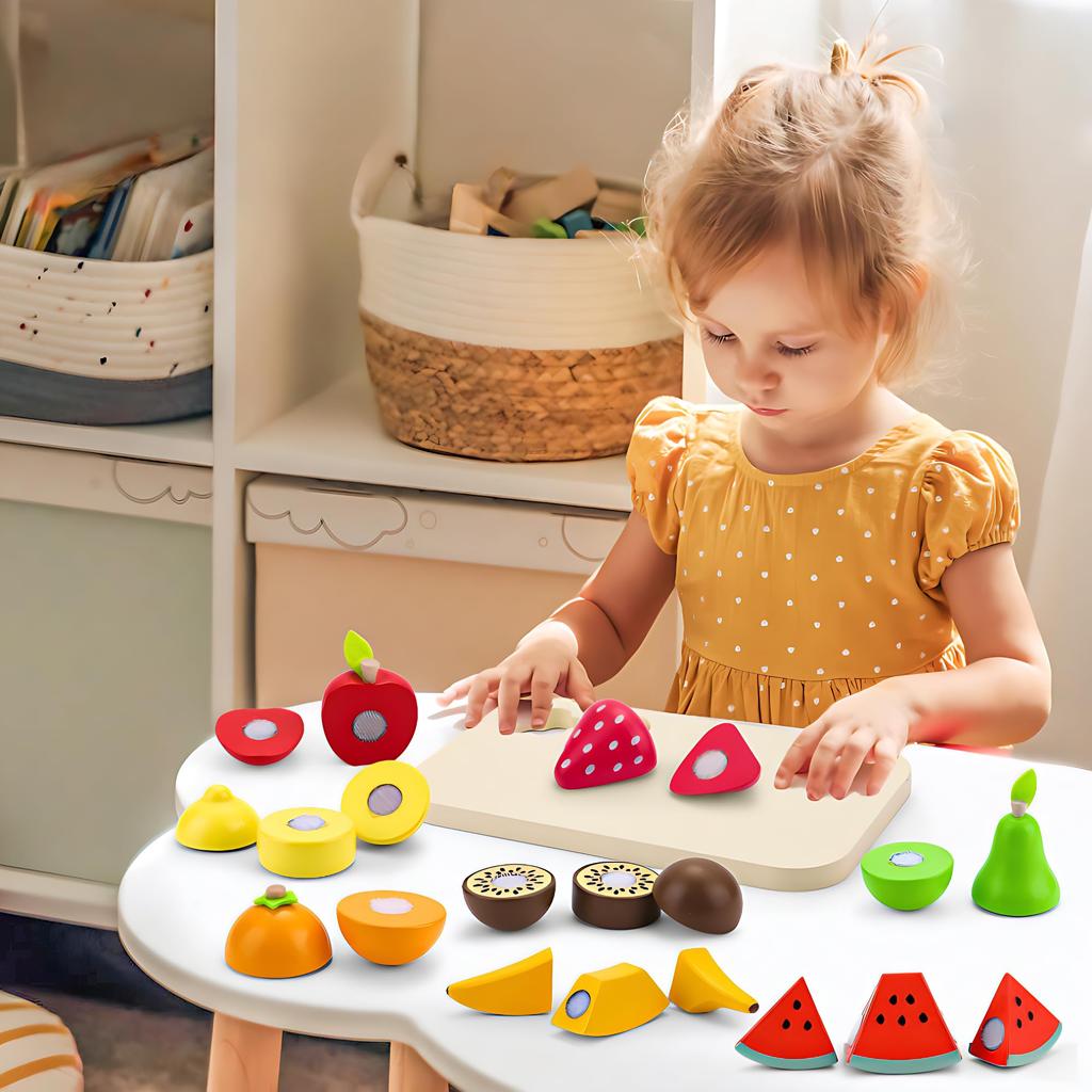 UMU Fruit Cutting Toy Wooden Montessori Educational Wooden Toy Fruit Candy Food Storage Bag Miniature Food Birthday Gift for Boys and Girls Ages 6