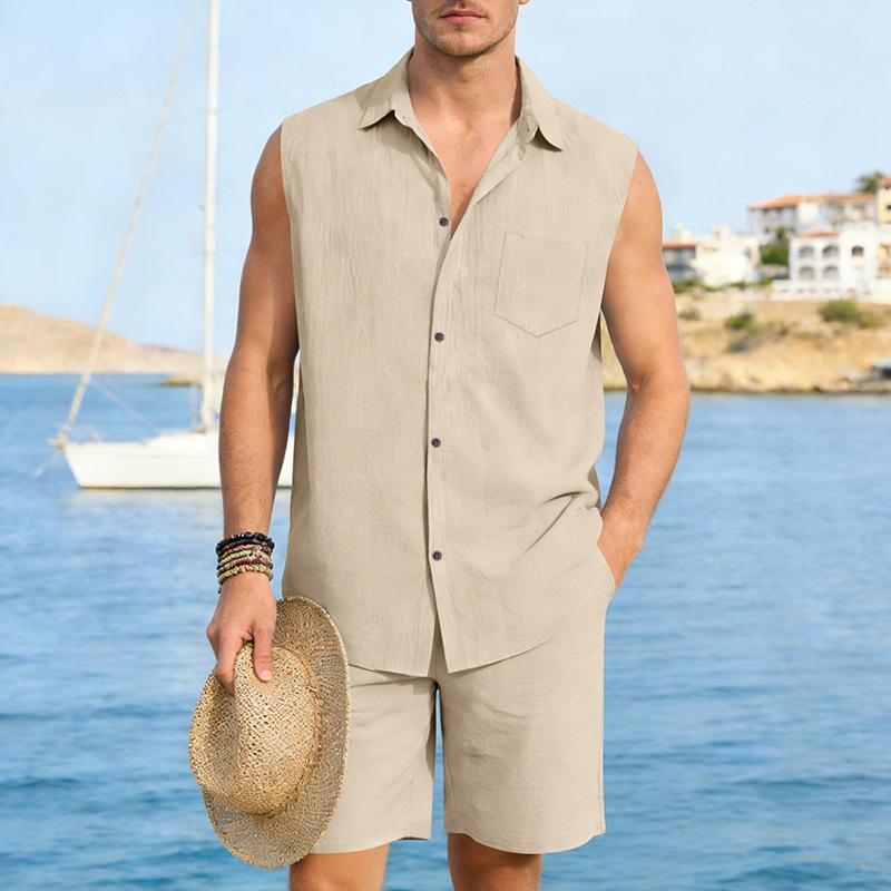 Men's European and American Linen Casual Short-Sleeve Button-Down Shirt & Vest Shorts Set