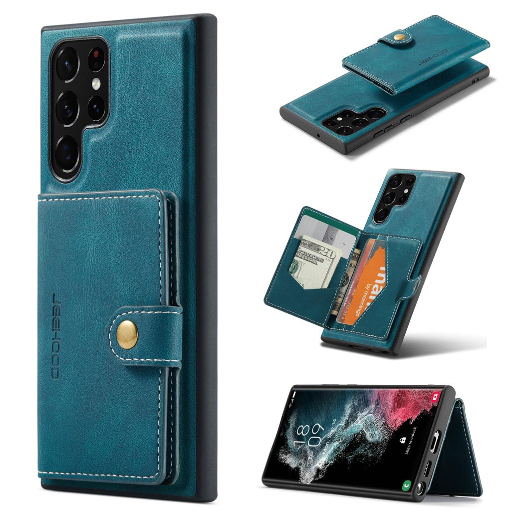 For Samsung Galaxy S22 Ultra 5G Case JEEHOOD J01 Retro Leather Phone Back Cover with Detachable Magnetic Card Holder