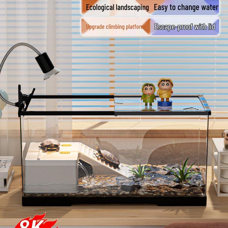 Acvariu Compact pentru Broaște Țestoase cu Platformă de Soare - Habitat Elegant de Birou cu Capac pentru Afișare Ecologică în Sufragerie