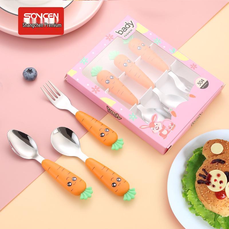 Carrot Cartoon Kids' Stainless Steel Cutlery Set: Spoon & Fork for Baby Food and Fruit Puree