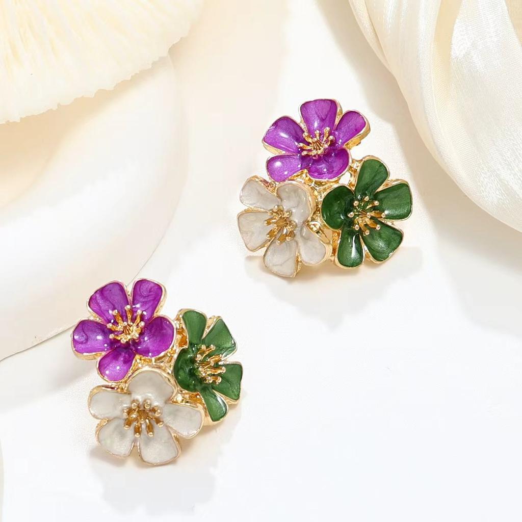Temperament sweet metal dripping oil flower stud earrings small fresh vacation style earrings high-end earrings