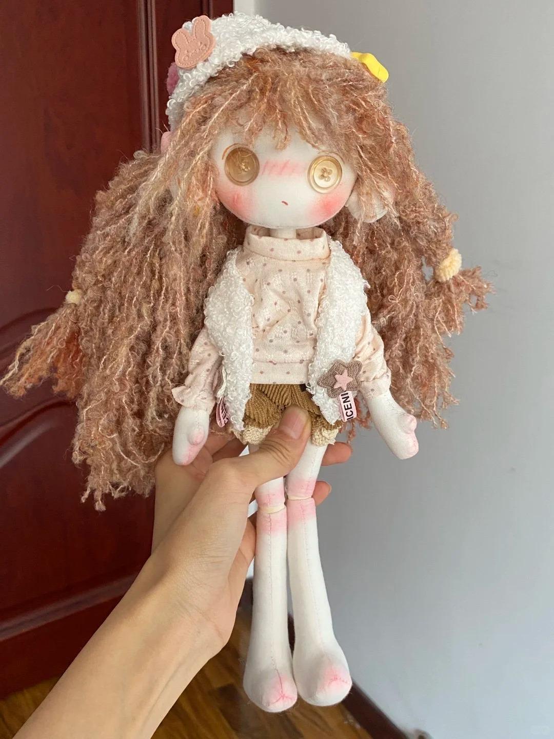 

Handmade Doll Kawaii Curly Hair Button Eyes Cute Art Doll For Kids Girls Collectors Gift Home Decor no shoes