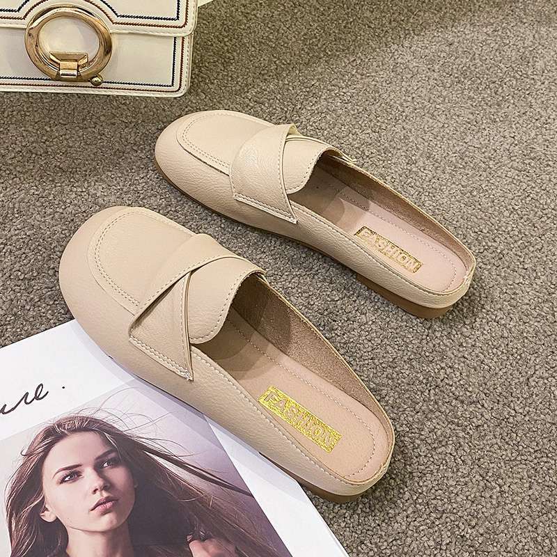 One pedal soft leather bag head half drag women's shoes summer pregnant women wear lazy shoes soft sole non-slip Doudou casual shoes