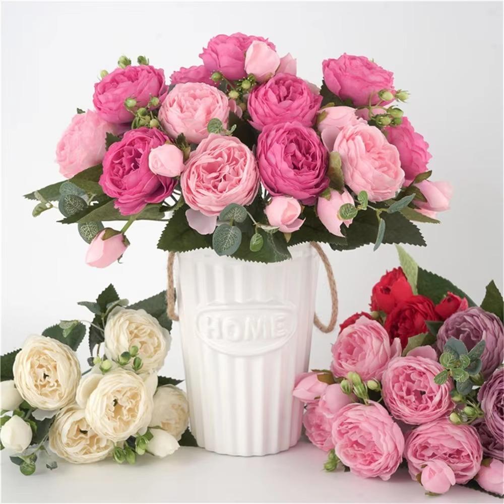 Realistic Touch Silk Peony Bouquets Faux Silk Bridal Bouquet Fake Roses Home Wedding Bridal