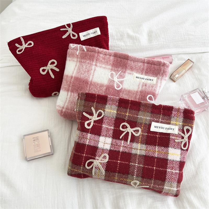 Embroidered Bow Pattern Checked New Year Valentine's Day Gift New Style Makeup Bag Toiletry Bag Inner Bag Storage Bag