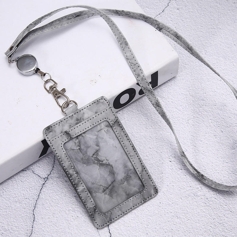 PU ID Card Holder Transparent Badge Holder With Card Slot Three Fold Card Holder Marble Patterned Neck Hanging Card Sleeve