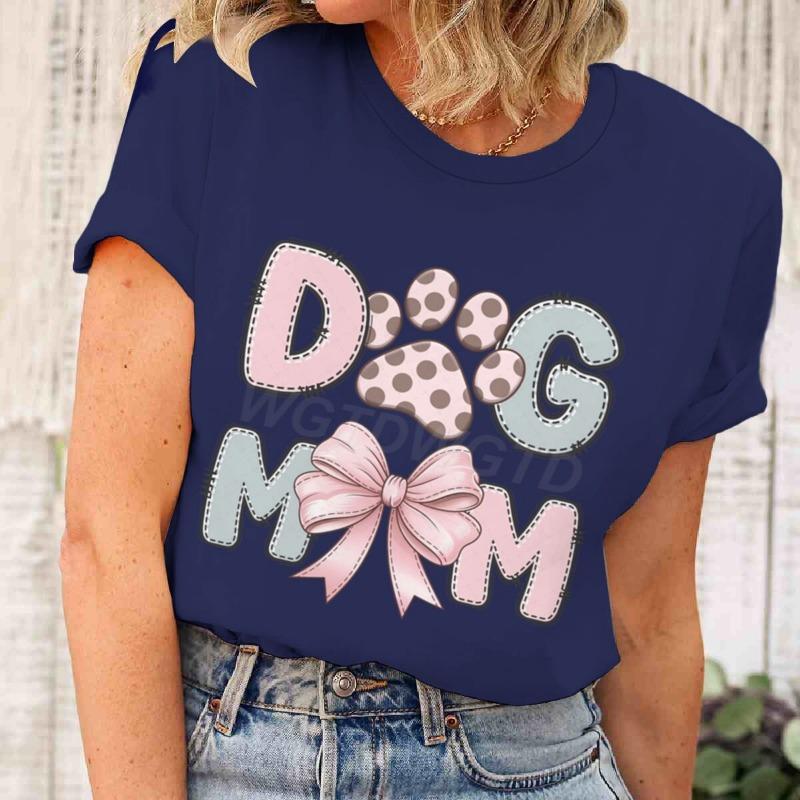 Dog Mom Graphic Crew Neck T-Shirt For Women CasualTee With Short Sleeves Pink Bow Paw Print Design Perfect For Mother's Day