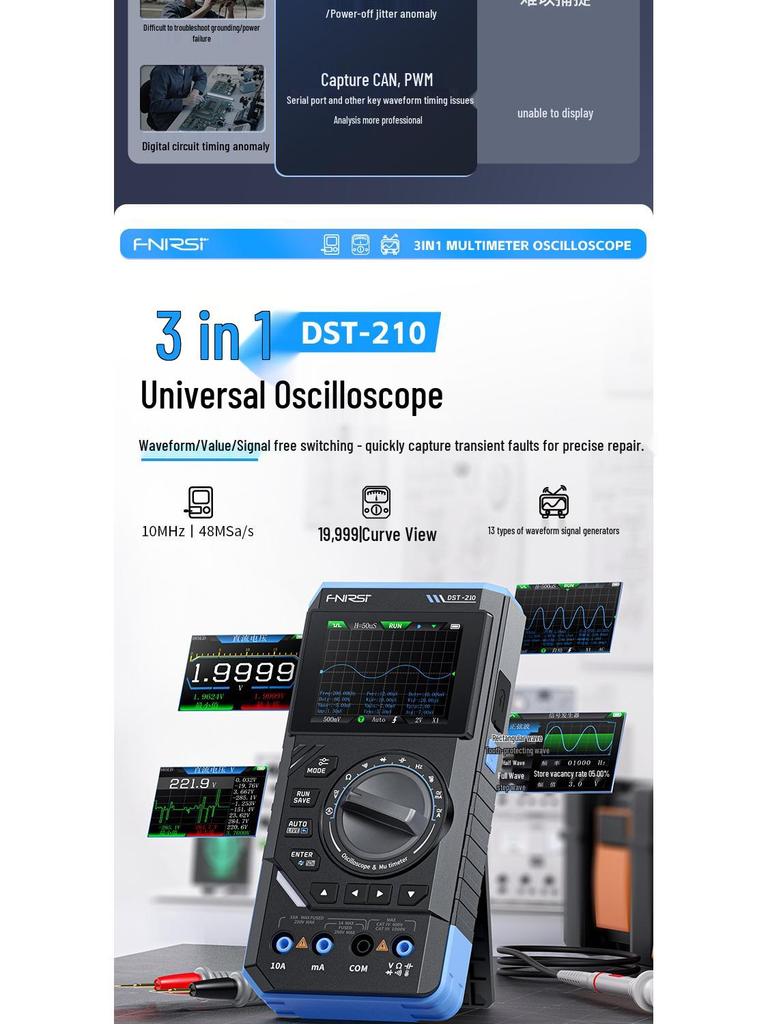 FNIRSI DST210/201 3-in-1 Multimeter: 10M Bandwidth, Oscilloscope, Signal Generator.