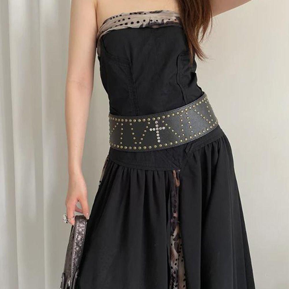 Wide Leather Waist Belt Vintage Women's Dress Belt Retro Cross Rivet Belt  Streetwear