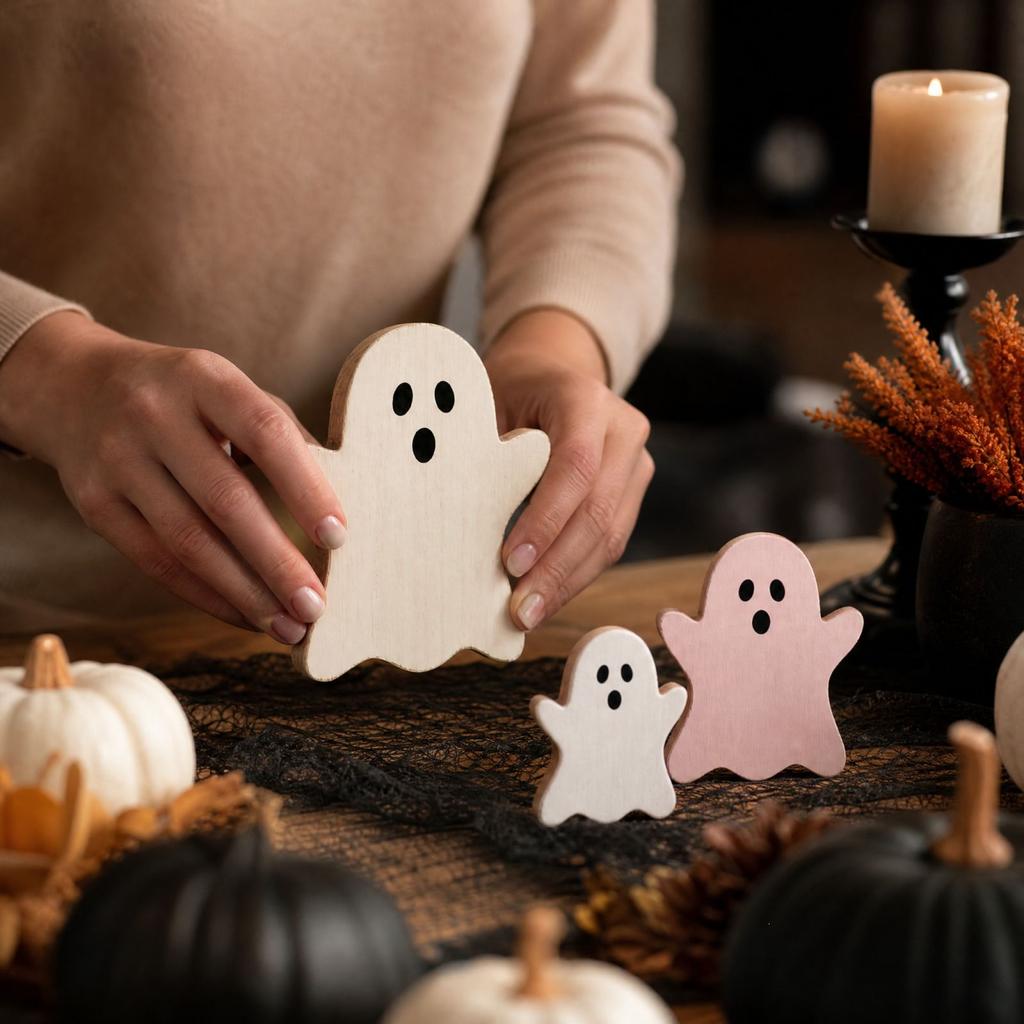 Cute Wooden Halloween Tabletop Decor in and Cream Color for Shelf Display