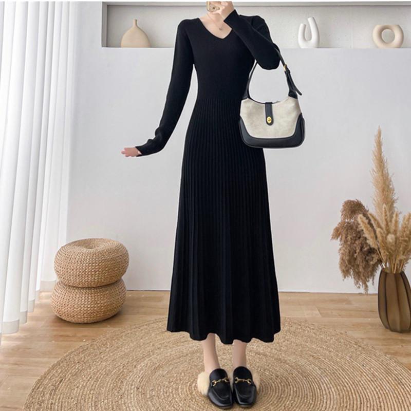 

Inside sweater skirt autumn and winter new V-neck long-sleeved elegant temperament knitted waist and thin dress one size fits all чёрный