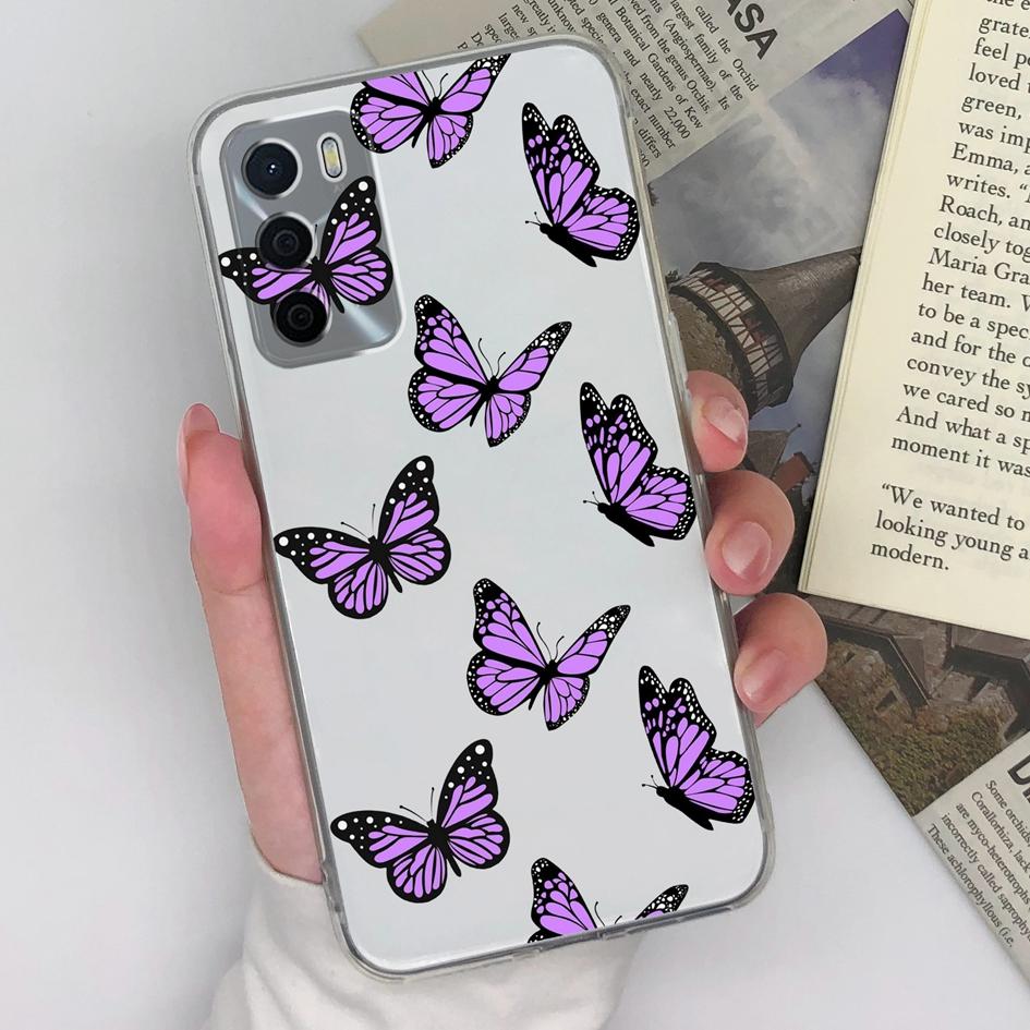 For Oppo A15 A15S A16 A16S A17 A17K A35 A58 Phone Cases Beautiful Blue Butterfly Flowers Pattern Transparent Silicone Anti Slip Housing For Oppo Shell