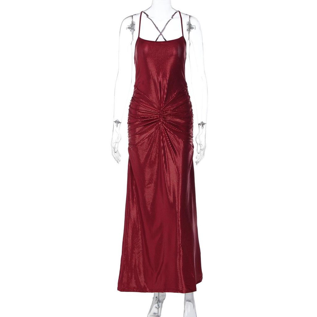 Elegant 2025 Summer Women's Backless Pleated Dress with Hot Stamping Design