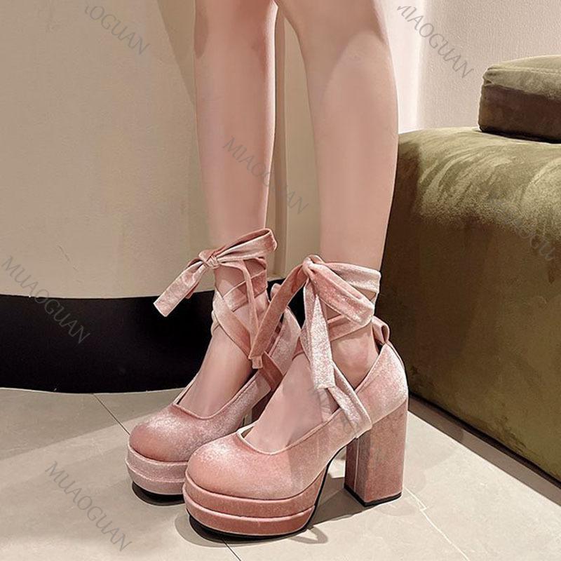 Fashion Platform Women Mary Jane Shoes Fashion Elegant Cross Strap Thick Heeled Shoes Spring Ladies College Style Suede Dress Pumps