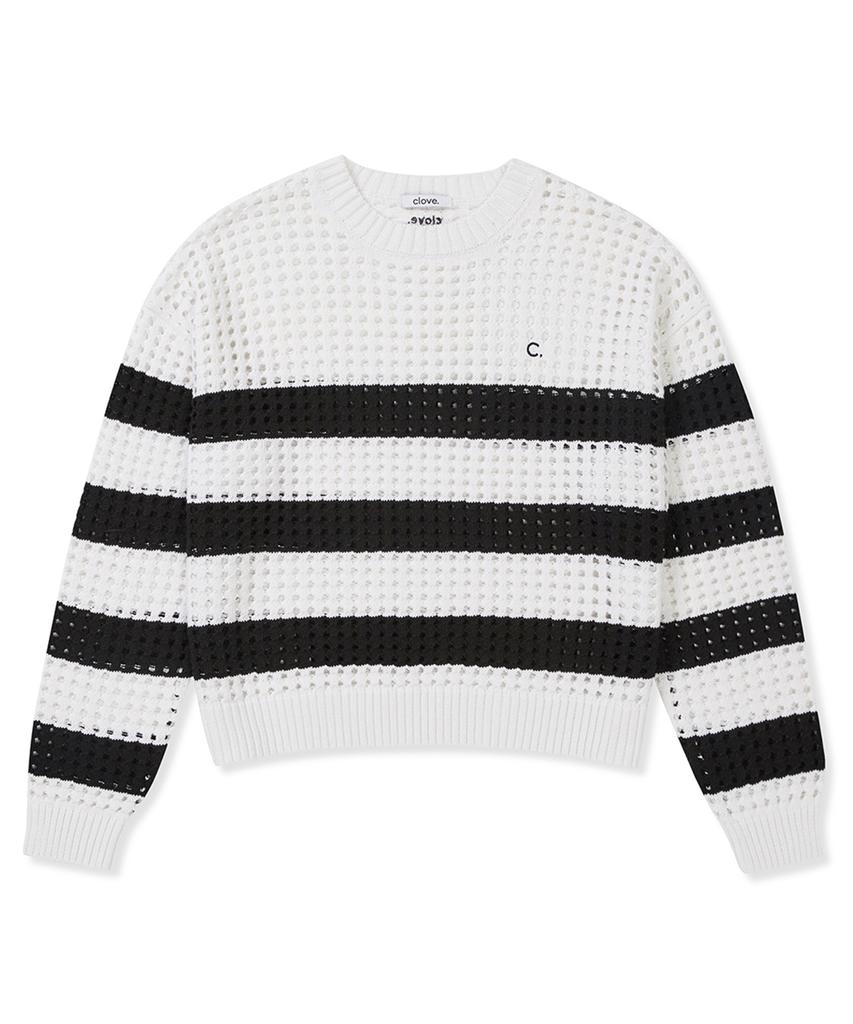 CLOVE [25Ss Clove] Crochet Stripe Knit (White)