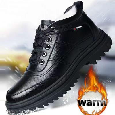 Fashion New Men's Winter Leather Shoes Fashion Plush Warm Comfortable Anti Slip Business Cotton Shoes Outdoor Black Casual Snow Boots