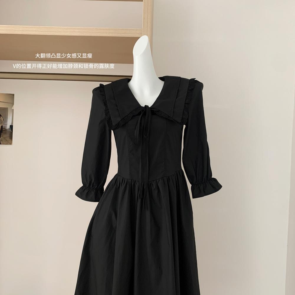 

Раннелетнее черное платье с V-образным вырезом и длинными рукавами, детское новое повседневное темпераментное длинное платье XL- (recommended 110-60kg)