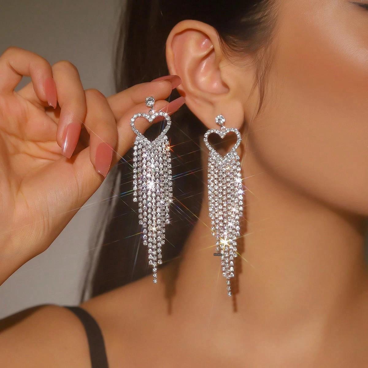 European & American Light Luxury Bohemian Heart Tassel Long Dangle Earrings