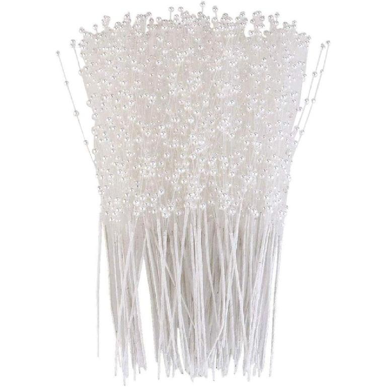 Vpang 100 Stems String Pearls Sticks Beading On Wire Stems for DIY Garland Bridal Wedding Pearl Bouquet Home Wedding Party Decor Craft (White)