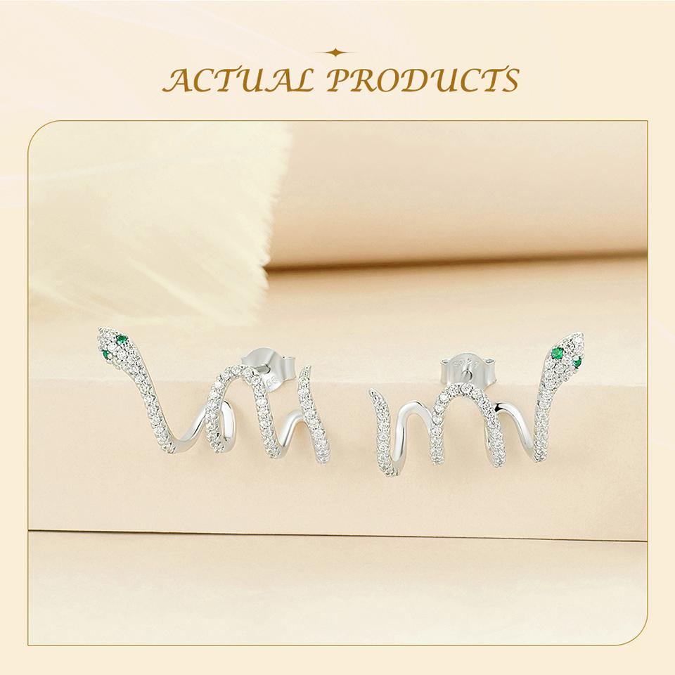 WOSTU 925 Sterling Silver Women Snake Stud Earrings Multi-layer Earring Green Crystal Zircon Studs Unique Design Wedding Jewelry