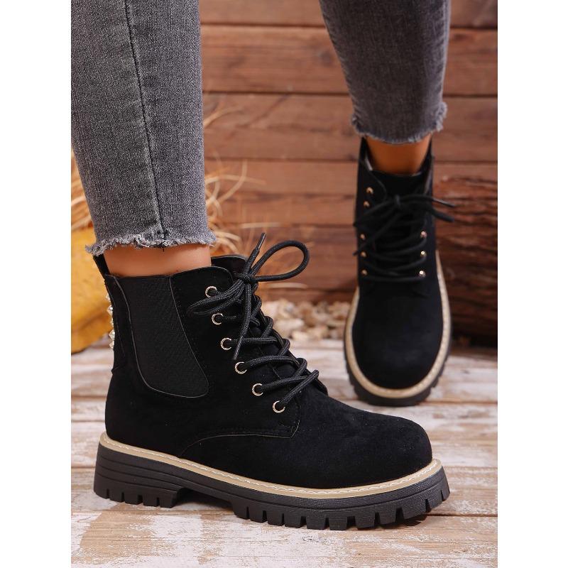 Round Toe Lace-up Muffin Suede Plus Size Booties 2025 Winter Thick Heel British Style Martin Boots for Women