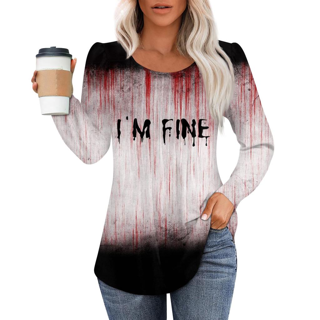 Women's Casual Top Halloween Printed Round Neck Long Sleeved Pleated T-shirt