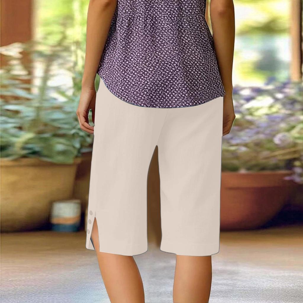 Women Drawstring Waist Cotton Linen Casual Loose Fit Straight Leg Shorts with Pockets and Side Button for Home Wear
