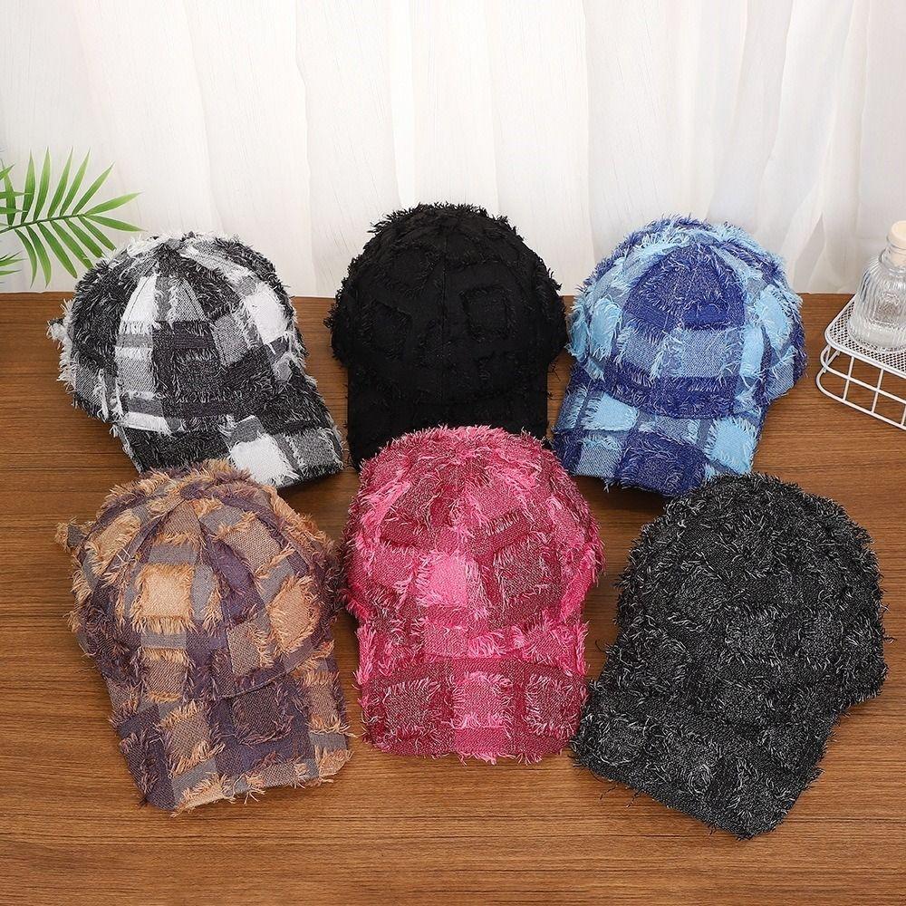 Frayed Edge Plaid Baseball Cap Adjustable Fit Sun Shading Cap Casual Baseball Hat  Daily Wear