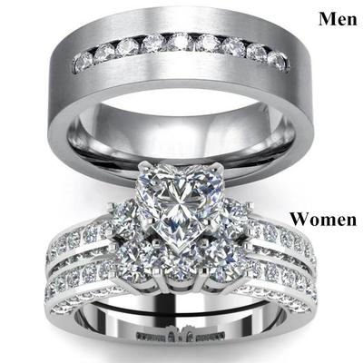 Couple Rings For Women Heart Rhinestones Zirconia Rings Set Simple CZ Stainless Steel Men Ring Wedding Jewelry For Lover Gifts