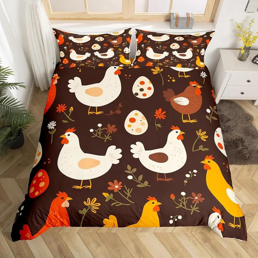 Cute Chicken Duvet Cover King Queen Colorful Rooster Bedding Collection Farm Animal Comforter Cover Funny Rustic Farmhouse Quilt Cover
