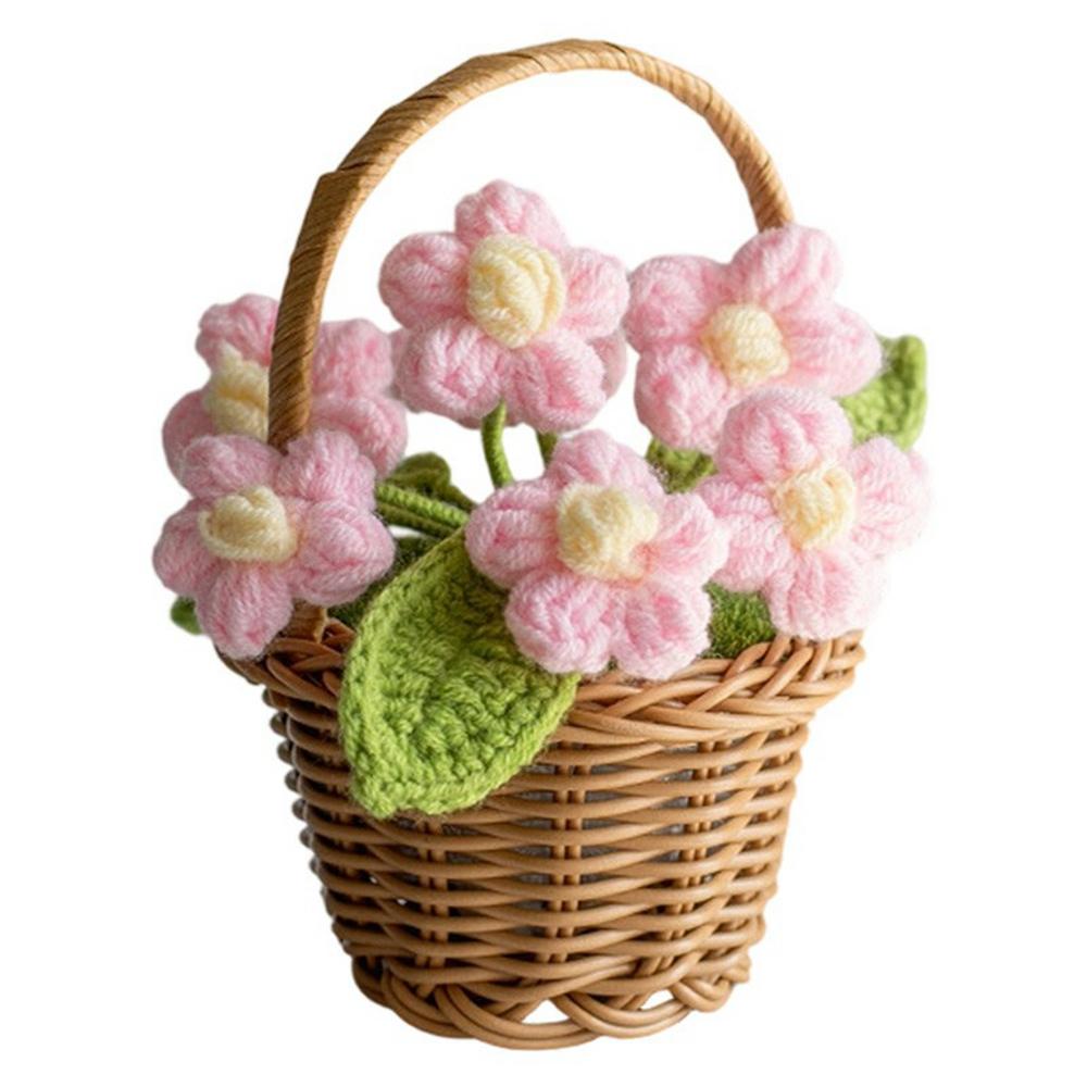 

Handmade Crochet Flower Basket Knitted Flower Ornaments Artificial Plant Puff Flower Pot Desktop Decoration