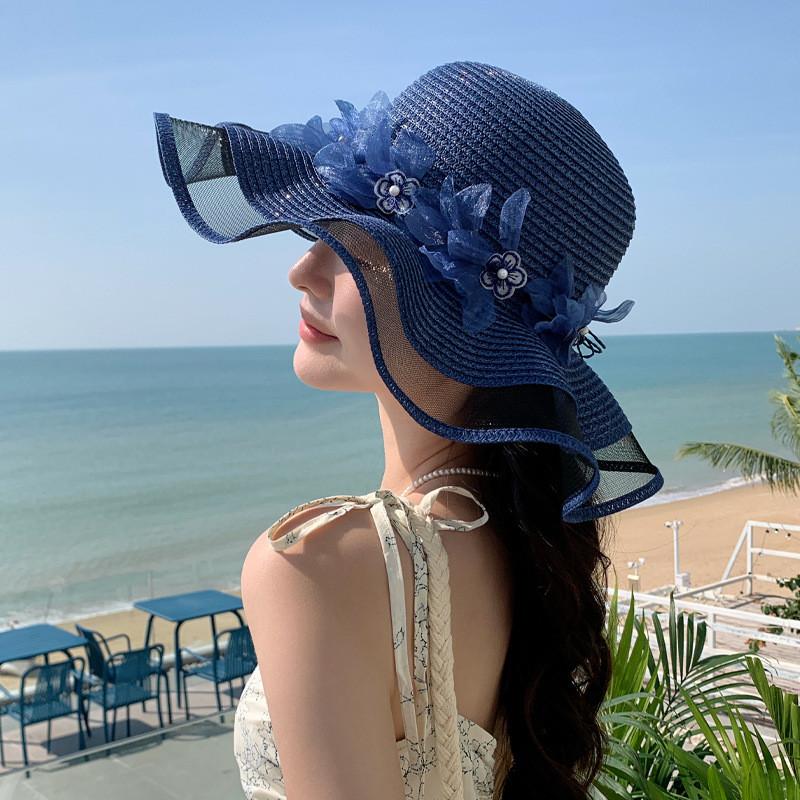 Summer Pearl Floral Straw Hat With Wide Brim For Outdoor Travel Sun Protection