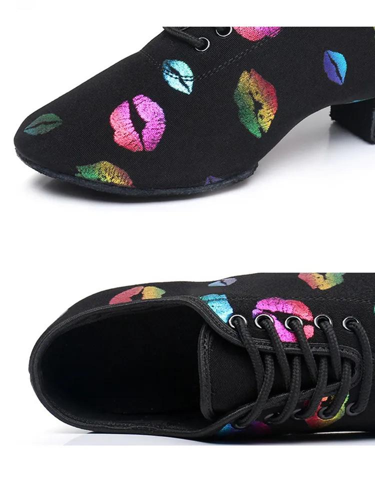Colorful Oxford Cloth Dance Shoes Colorful Lip Print Women's High Heel Latin Dance Shoes Belly Dance Training Shoes