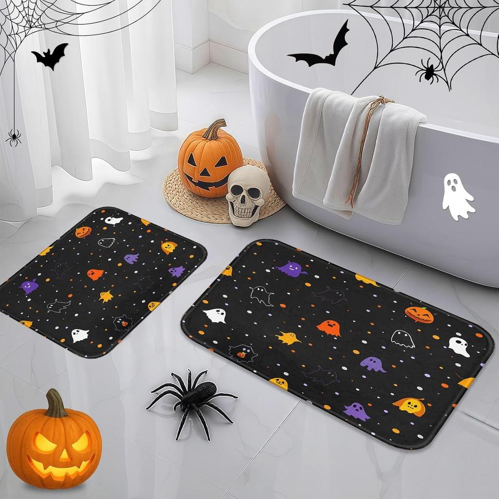 Halloween Bathroom Sets With Shower Curtain And Rugs Accessories, Funny Ghosts Shower Curtain Sets, Trick Or Treat Shower